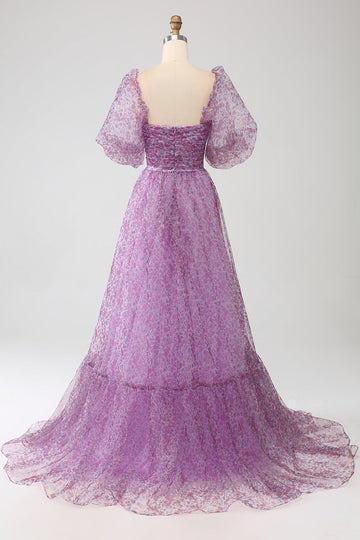 A-Line Scollo quadrato viola Corsetto Prom Dress con mezze maniche
